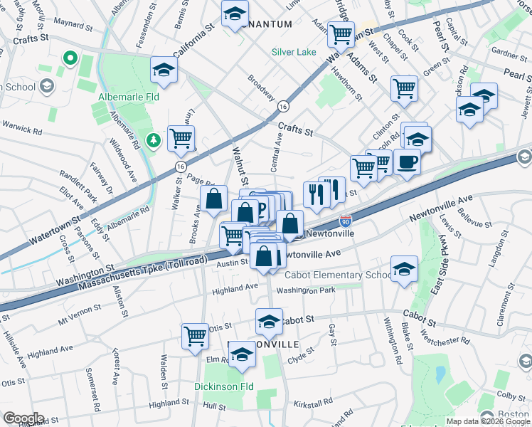 map of restaurants, bars, coffee shops, grocery stores, and more near in Newton
