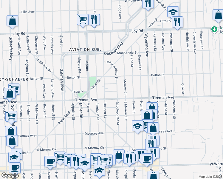map of restaurants, bars, coffee shops, grocery stores, and more near 10444 Westover Street in Detroit