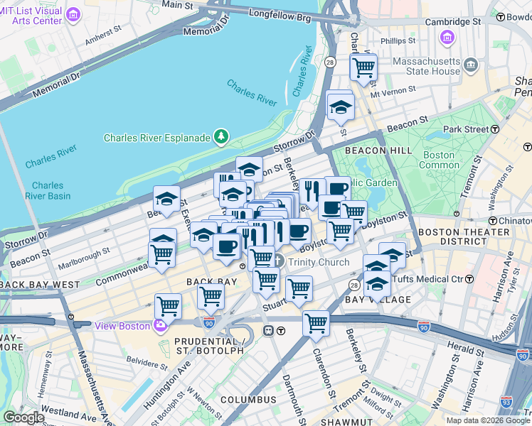 map of restaurants, bars, coffee shops, grocery stores, and more near Commonwealth Avenue & Clarendon St in Boston