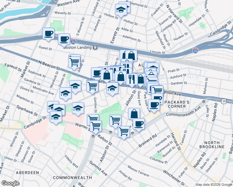 map of restaurants, bars, coffee shops, grocery stores, and more near 1 Islington Street in Boston