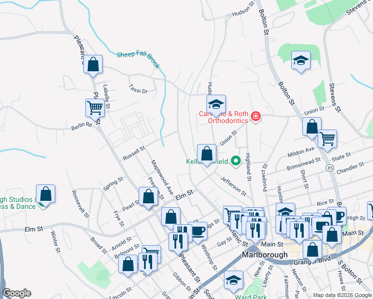 map of restaurants, bars, coffee shops, grocery stores, and more near 233 Mechanic Street in Marlborough