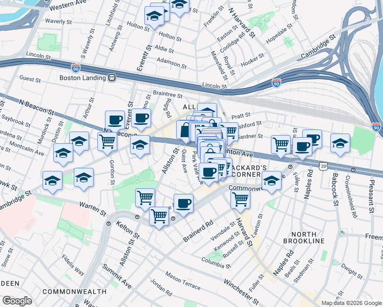 map of restaurants, bars, coffee shops, grocery stores, and more near 50 Park Vale Avenue in Allston
