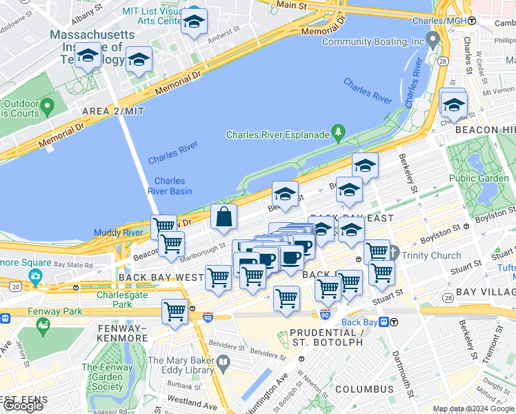 map of restaurants, bars, coffee shops, grocery stores, and more near 10 Fairfield Street in Boston