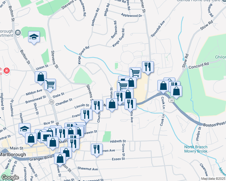 map of restaurants, bars, coffee shops, grocery stores, and more near 41 Clinton Street in Marlborough