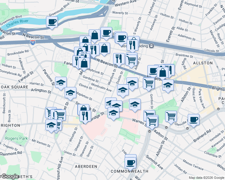 map of restaurants, bars, coffee shops, grocery stores, and more near 59 Dustin Street in Boston