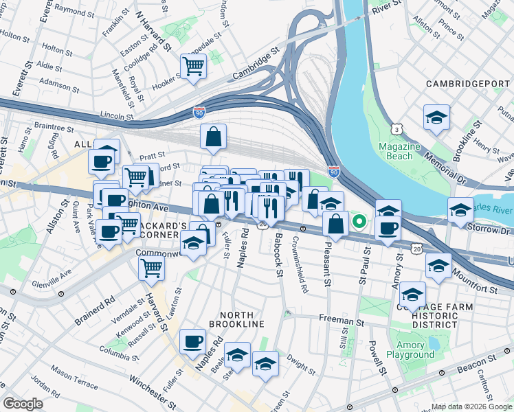 map of restaurants, bars, coffee shops, grocery stores, and more near 1047 Commonwealth Avenue in Boston