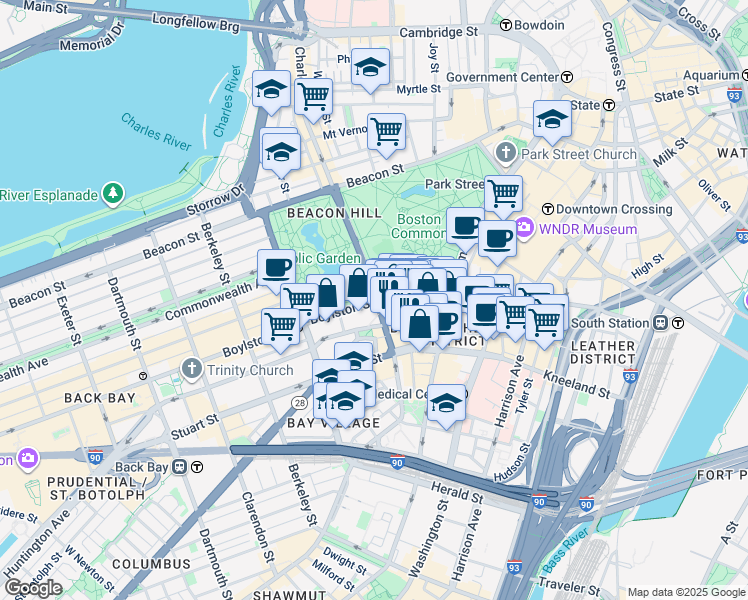 map of restaurants, bars, coffee shops, grocery stores, and more near 121 Boylston Street in Boston