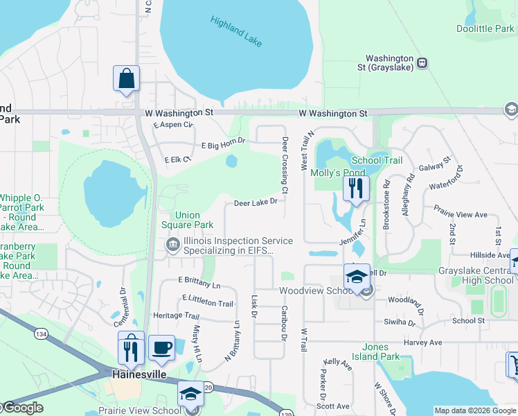 map of restaurants, bars, coffee shops, grocery stores, and more near 309 Deer Lake Drive in Hainesville