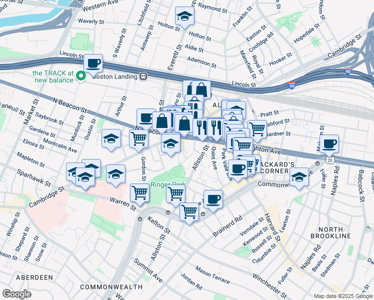 map of restaurants, bars, coffee shops, grocery stores, and more near 21-23 Higgins Street in Boston