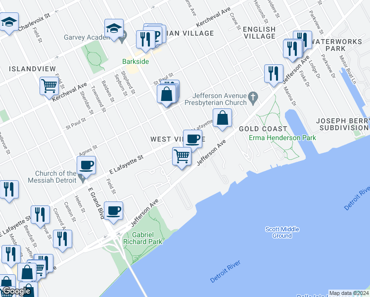 map of restaurants, bars, coffee shops, grocery stores, and more near 708 Van Dyke Street in Detroit