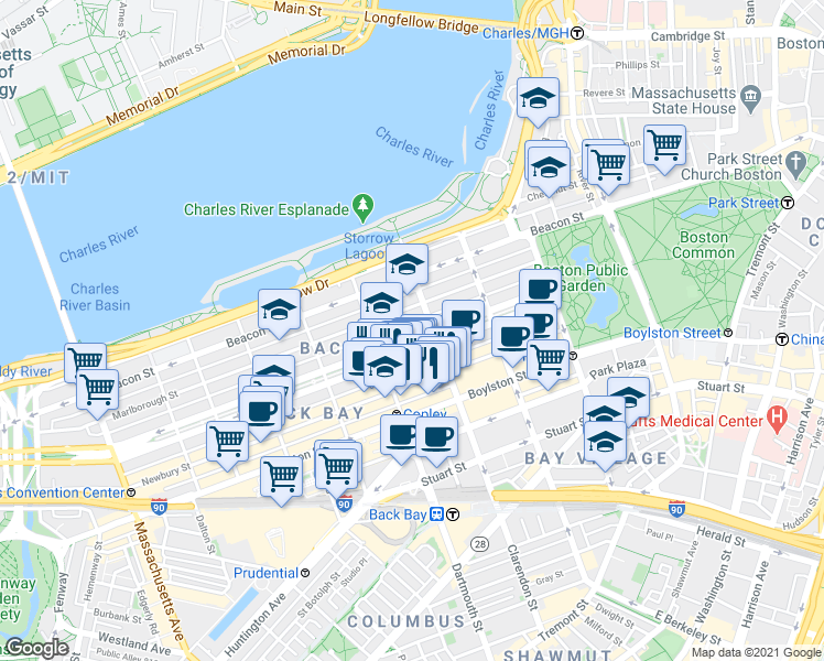 map of restaurants, bars, coffee shops, grocery stores, and more near 123 Commonwealth Avenue in Boston