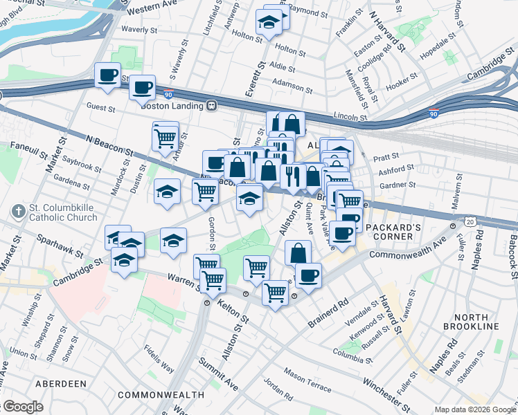 map of restaurants, bars, coffee shops, grocery stores, and more near 1 Islington Street in Boston