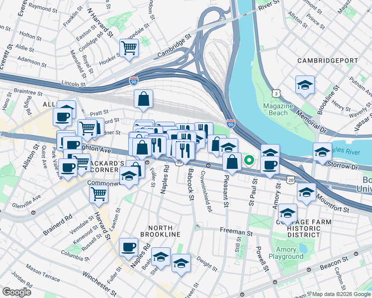 map of restaurants, bars, coffee shops, grocery stores, and more near 1047 Commonwealth Avenue in Boston
