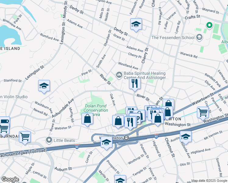 map of restaurants, bars, coffee shops, grocery stores, and more near 24 Auburndale Avenue in Newton