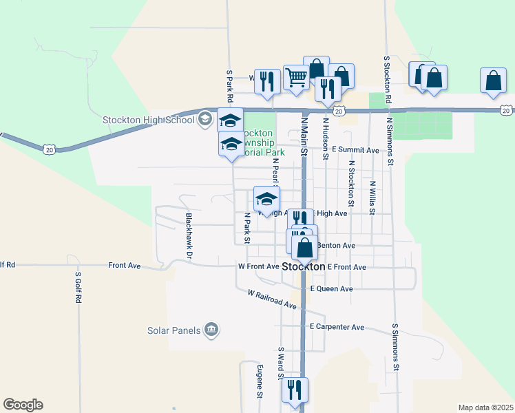 map of restaurants, bars, coffee shops, grocery stores, and more near 209 West High Avenue in Stockton