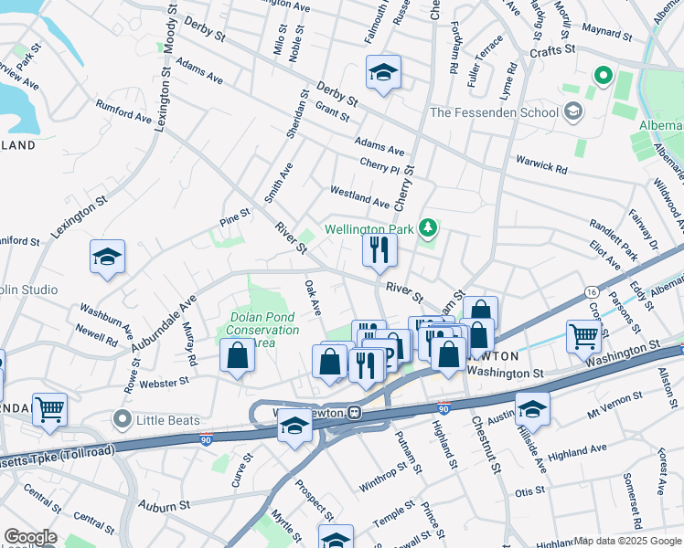map of restaurants, bars, coffee shops, grocery stores, and more near 2 Elm Street in Newton