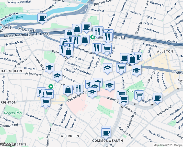 map of restaurants, bars, coffee shops, grocery stores, and more near 59 Dustin Street in Boston