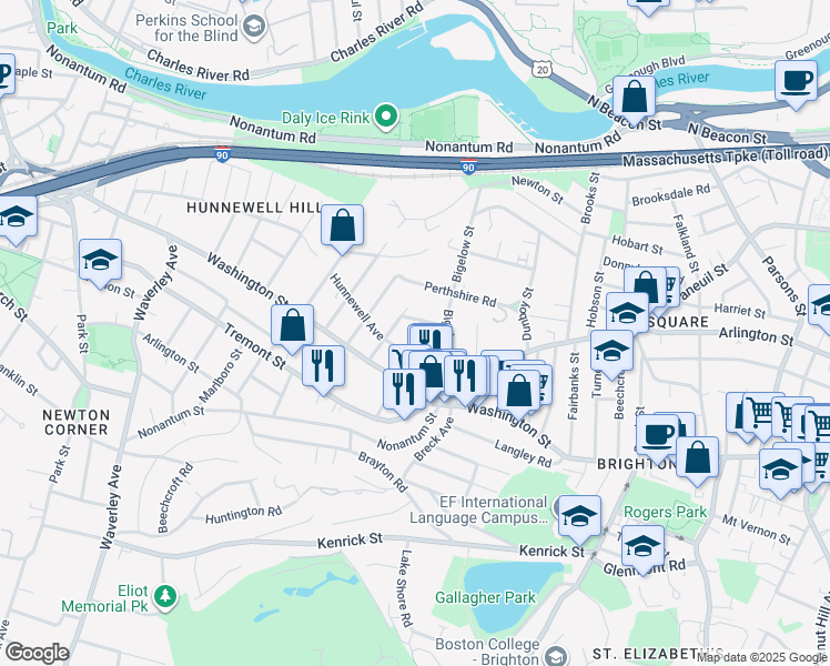 map of restaurants, bars, coffee shops, grocery stores, and more near 44 Champney Street in Boston