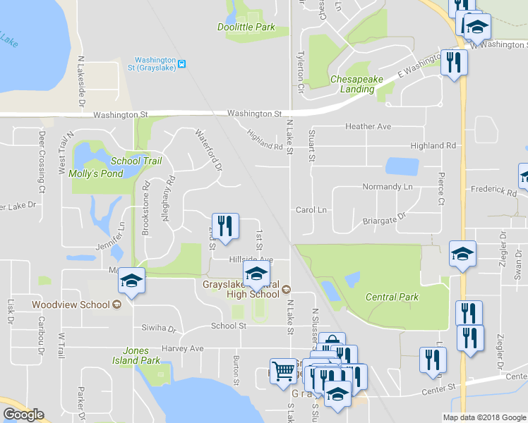 map of restaurants, bars, coffee shops, grocery stores, and more near 92 Prairie View Avenue in Grayslake