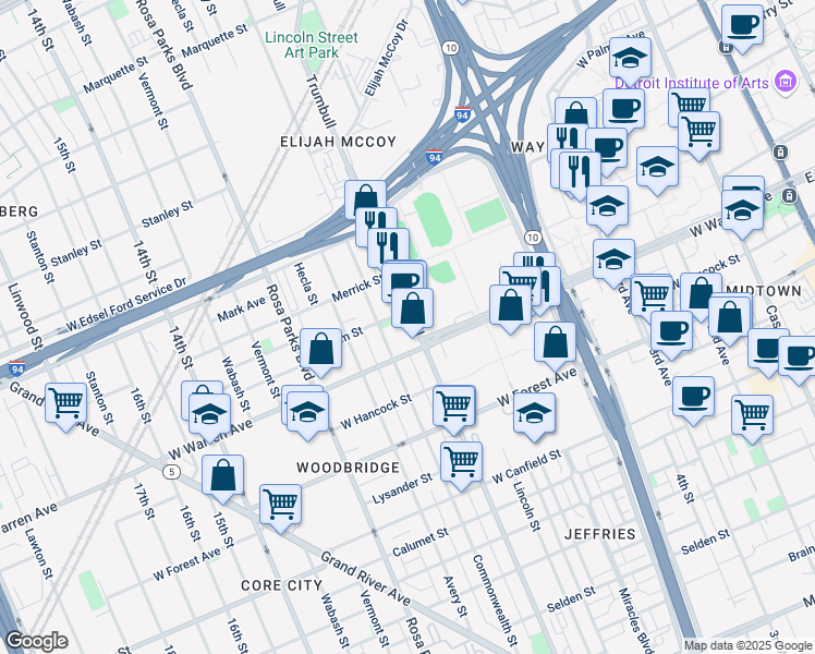 map of restaurants, bars, coffee shops, grocery stores, and more near in Detroit