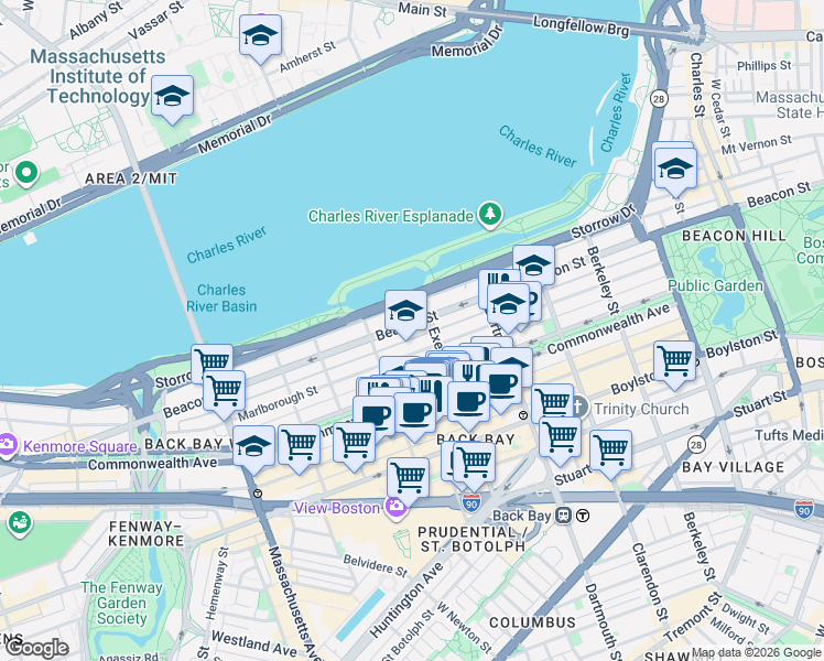 map of restaurants, bars, coffee shops, grocery stores, and more near in Boston