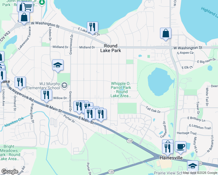 map of restaurants, bars, coffee shops, grocery stores, and more near 216 Fairlawn Drive in Round Lake Park