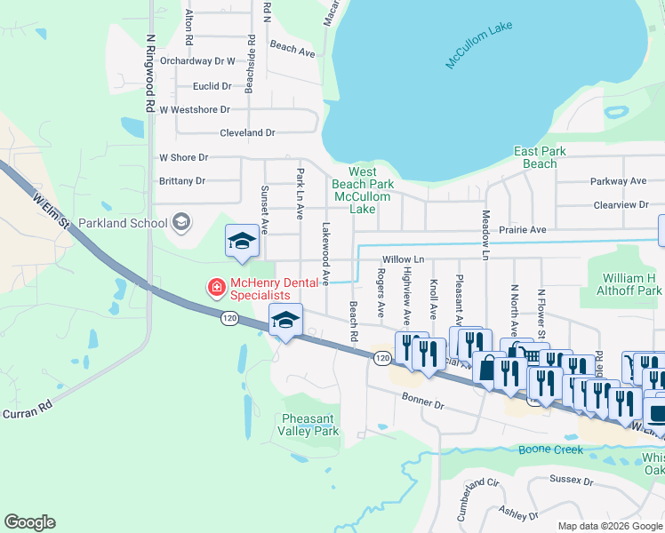 map of restaurants, bars, coffee shops, grocery stores, and more near 1800 Lakewood Avenue in McHenry