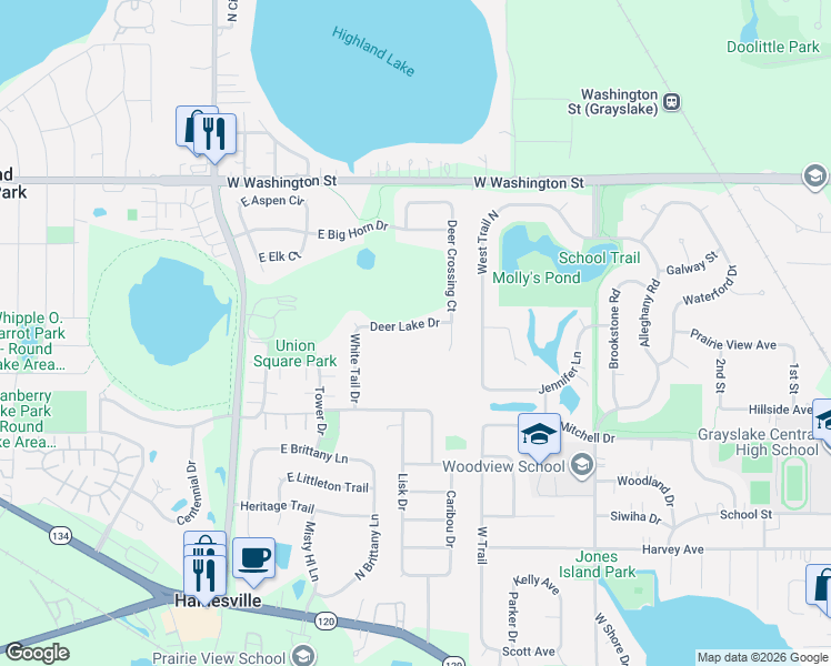 map of restaurants, bars, coffee shops, grocery stores, and more near 309 Deer Lake Drive in Hainesville
