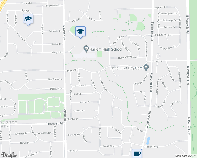 map of restaurants, bars, coffee shops, grocery stores, and more near 9030 Mariner Drive in Machesney Park