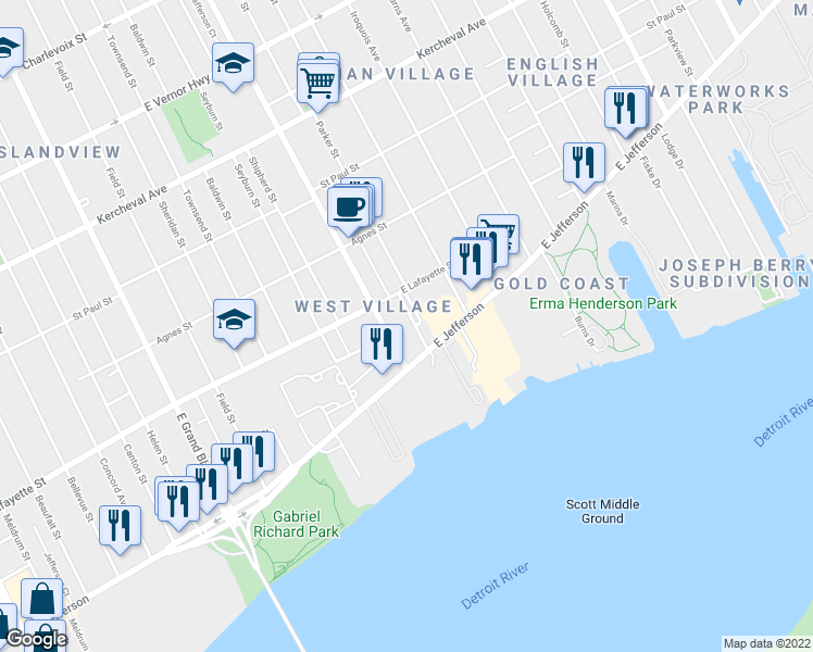 map of restaurants, bars, coffee shops, grocery stores, and more near 8045 East Jefferson Avenue in Detroit