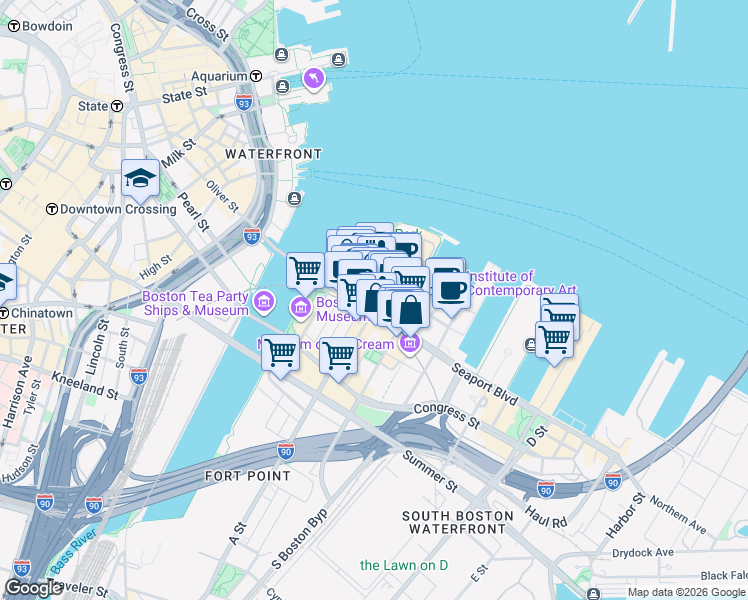 map of restaurants, bars, coffee shops, grocery stores, and more near 5 Fan Pier Boulevard in Boston