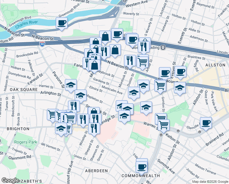 map of restaurants, bars, coffee shops, grocery stores, and more near 87 Murdock Street in Boston
