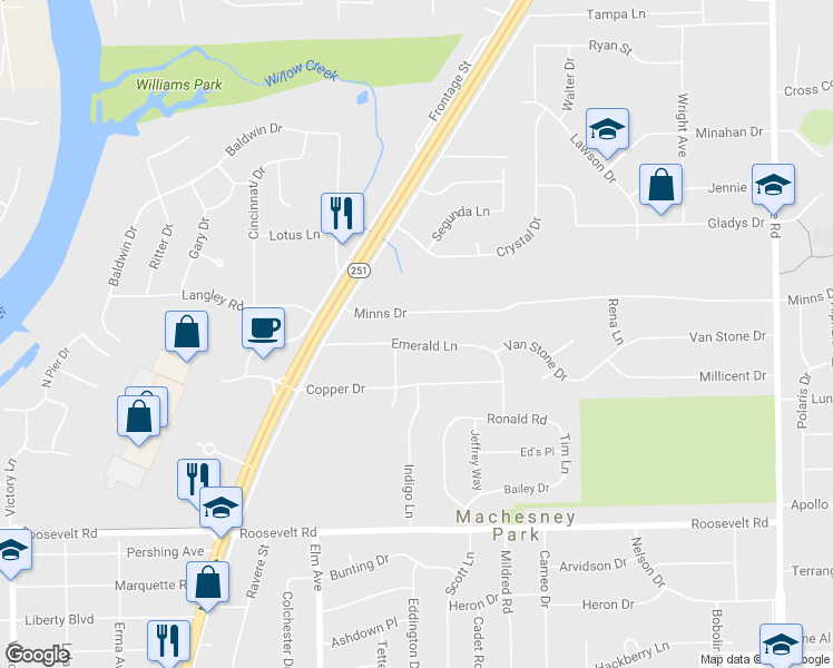 map of restaurants, bars, coffee shops, grocery stores, and more near 1004 Emerald Lane in Machesney Park