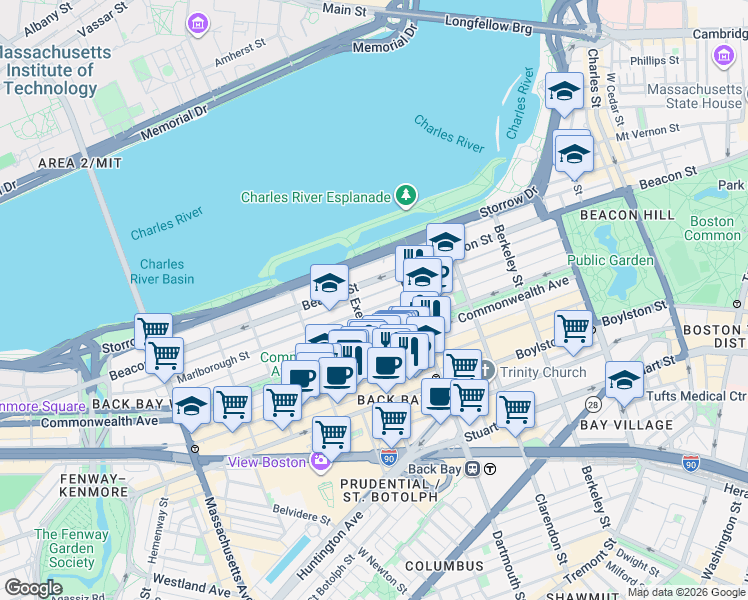 map of restaurants, bars, coffee shops, grocery stores, and more near 185 Marlborough Street in Boston
