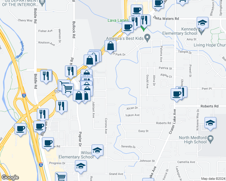 map of restaurants, bars, coffee shops, grocery stores, and more near 2378 Corona Avenue in Medford