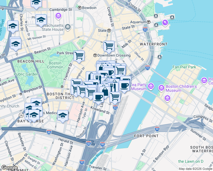 map of restaurants, bars, coffee shops, grocery stores, and more near 23 Lincoln Street in Boston