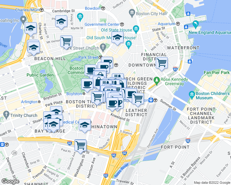 map of restaurants, bars, coffee shops, grocery stores, and more near 8 Harrison Avenue in Boston