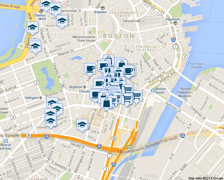 map of restaurants, bars, coffee shops, grocery stores, and more near 8 Harrison Avenue in Boston