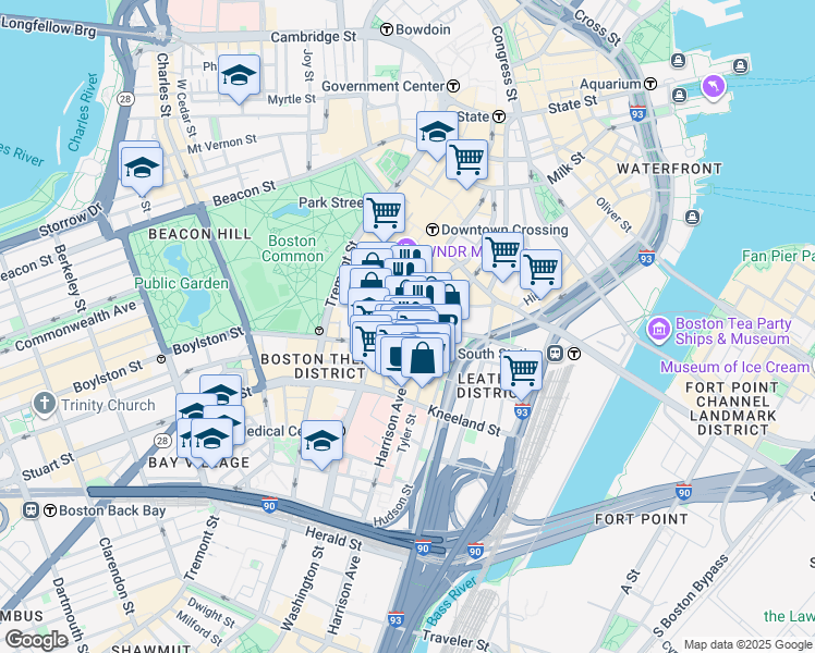 map of restaurants, bars, coffee shops, grocery stores, and more near 8 Harrison Avenue in Boston