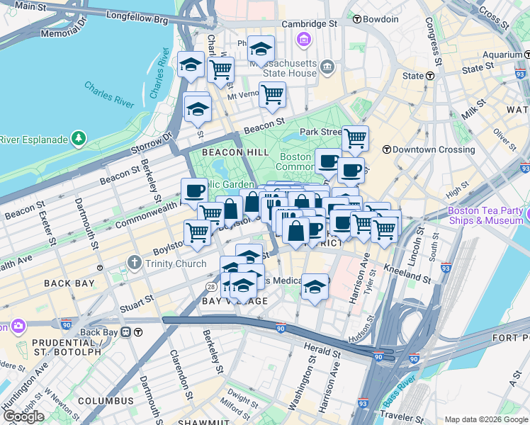 map of restaurants, bars, coffee shops, grocery stores, and more near 62 Charles Street South in Boston