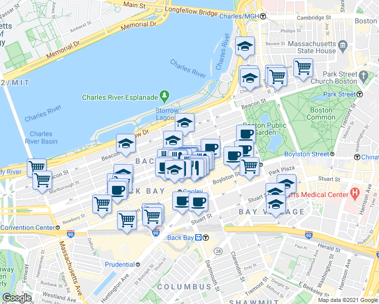 map of restaurants, bars, coffee shops, grocery stores, and more near 123 Commonwealth Avenue in Boston