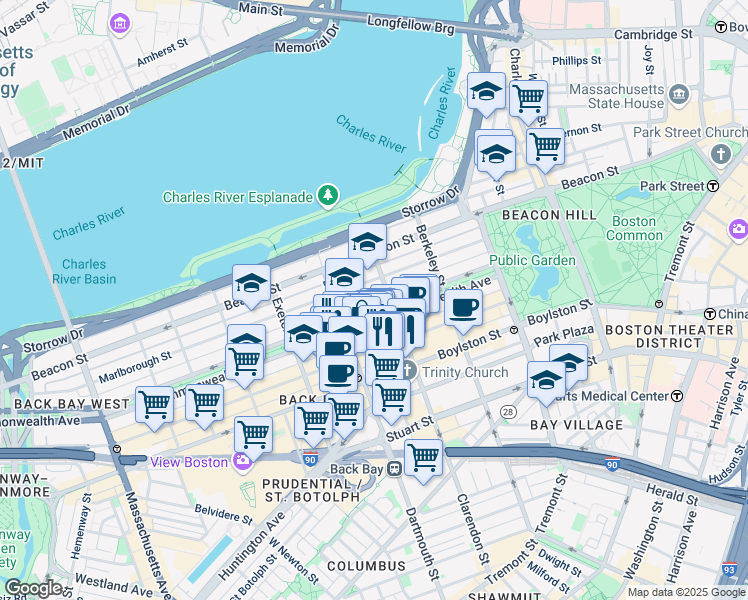 map of restaurants, bars, coffee shops, grocery stores, and more near 123 Commonwealth Avenue in Boston