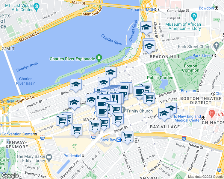 map of restaurants, bars, coffee shops, grocery stores, and more near 123 Commonwealth Avenue in Boston