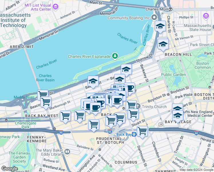 map of restaurants, bars, coffee shops, grocery stores, and more near 193 Marlborough Street in Boston