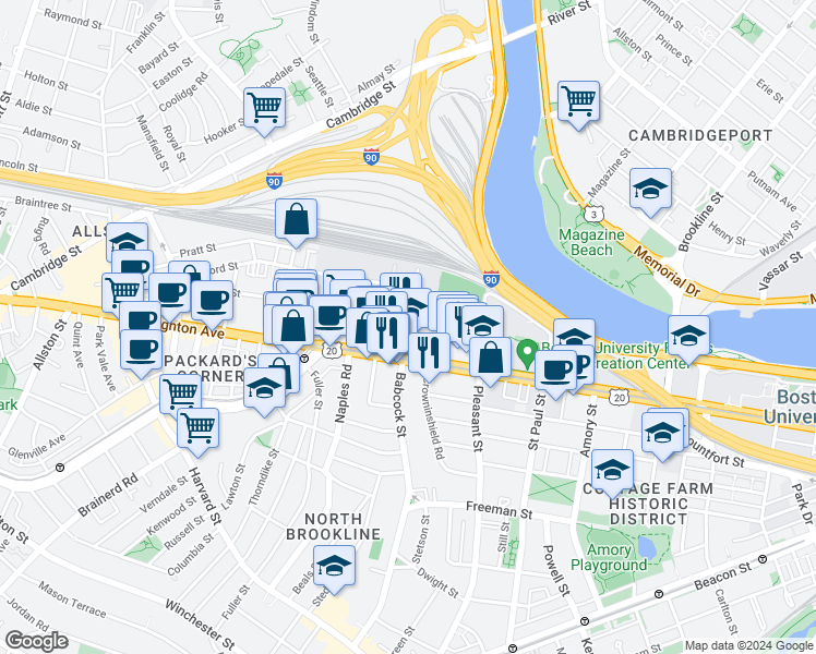 map of restaurants, bars, coffee shops, grocery stores, and more near in Boston