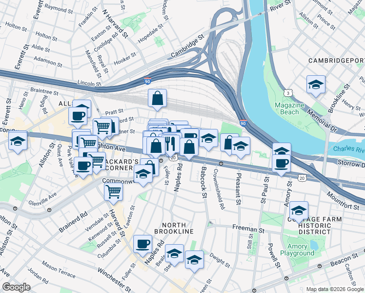 map of restaurants, bars, coffee shops, grocery stores, and more near 1083 Commonwealth Avenue in Boston