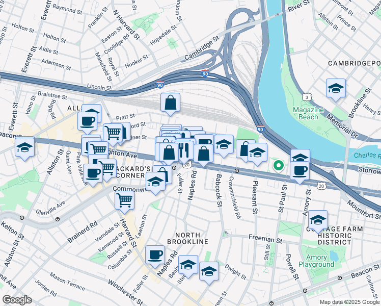 map of restaurants, bars, coffee shops, grocery stores, and more near 1083 Commonwealth Avenue in Boston