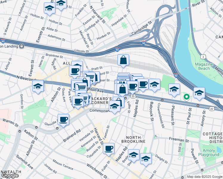 map of restaurants, bars, coffee shops, grocery stores, and more near 39 Brighton Avenue in Boston