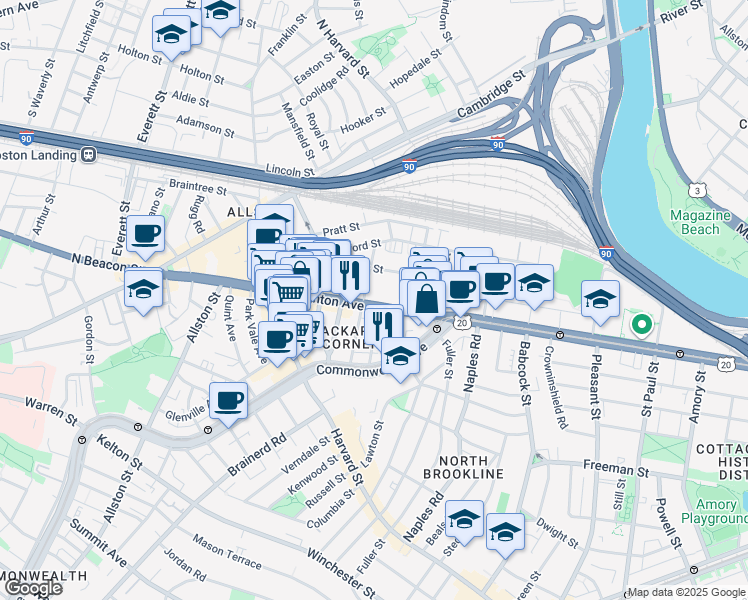 map of restaurants, bars, coffee shops, grocery stores, and more near 66 Brighton Avenue in Boston