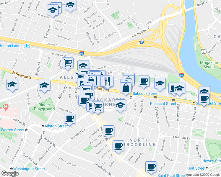 map of restaurants, bars, coffee shops, grocery stores, and more near 66 Brighton Avenue in Boston